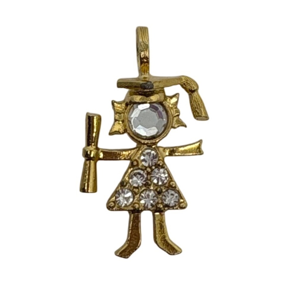 Graduation Girl Rhinestone Charm Pendant Diploma Cap K.F.S. Gold Tone